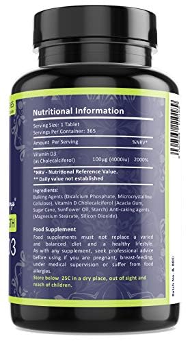 Vitamin D 4000 iu High Strength Premium Vitamin D3 Immune Support Tablets - 1 Year Supply Vegetarian Tiny Vitamin D3 4000iu Pills - VIT D Supplement Cholecalciferol - UK Made Fresh Start Nutrition