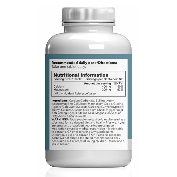 Calcium & Magnesium Tablets | Supports Bone Health, Muscle Function & Reduces Tiredness | Vegan & Vegetarian Friendly | 180 Tablets = 6 Months' Supply | GMP Certified & Made in UK Unflavoured 180 count (Pack of 1)
