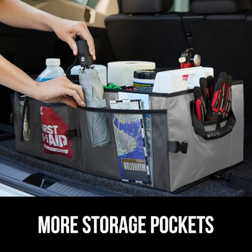 GORILLA GRIP Umbrella and Trunk Organizer, Umbrella has One-Click Automatic Open and Close, Trunk Organizer is Collapsible, Multi Compartment Container, Both in Gray, 2 Item Bundle