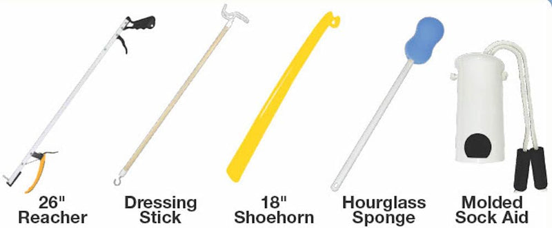 [Australia] - Essential Medical Supply Everyday Essentials Hip and Knee Surgery Recovery Kit with a Sock Aid, Shoehorn, Sponge, Reacher and Dressing Stick 
