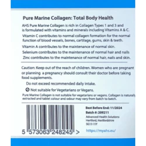 AHS Pure Marine Collagen Tablets, Types 1 & 3, with Vitamins A, C & E, 250 Tablets, Food Supplement