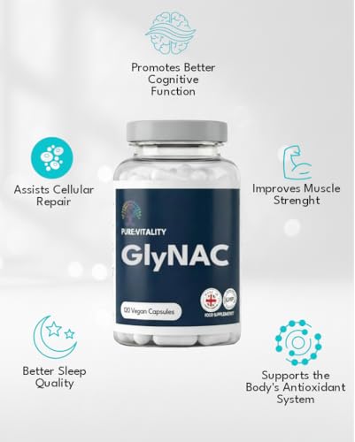 Pure:Vitality GlyNAC - 120 Capsules, 1200mg GlyNAC (600mg Glycine & 600mg N-Acetylcysteine) per Serving, High Strength Glutathione Supplement, Vegan GlyNAC for Healthy Ageing (Pack of 2) 120 count (Pack of 2)