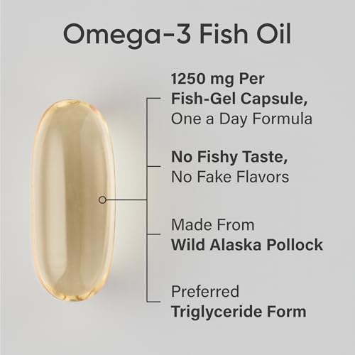 Sports Research® Triple Strength Omega-3 Fish Oil 1250mg from Wild Alaska Pollock, Vitamin D3 5000 IU with Coconut MCT Oil (125mcg) and Vegan Biotin 5000mcg Vitamin B7