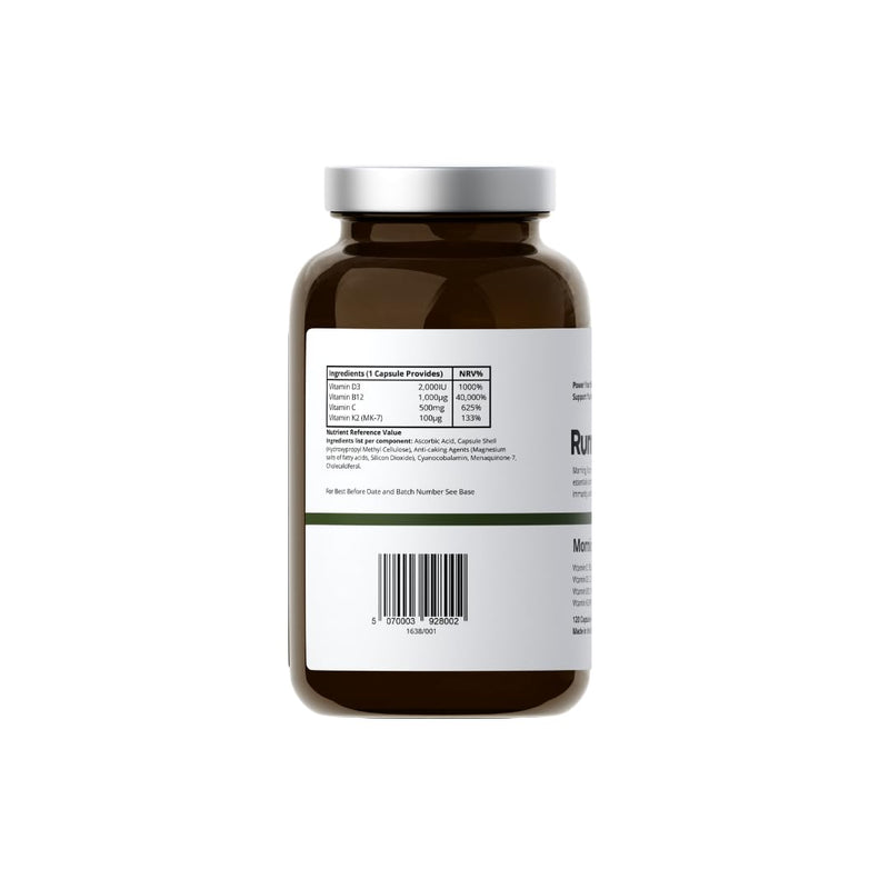 Morning Runner Essential Supplement, Vitamin D3, K2, B12 & Vitamin C, 120 Capsules, Made in the UK