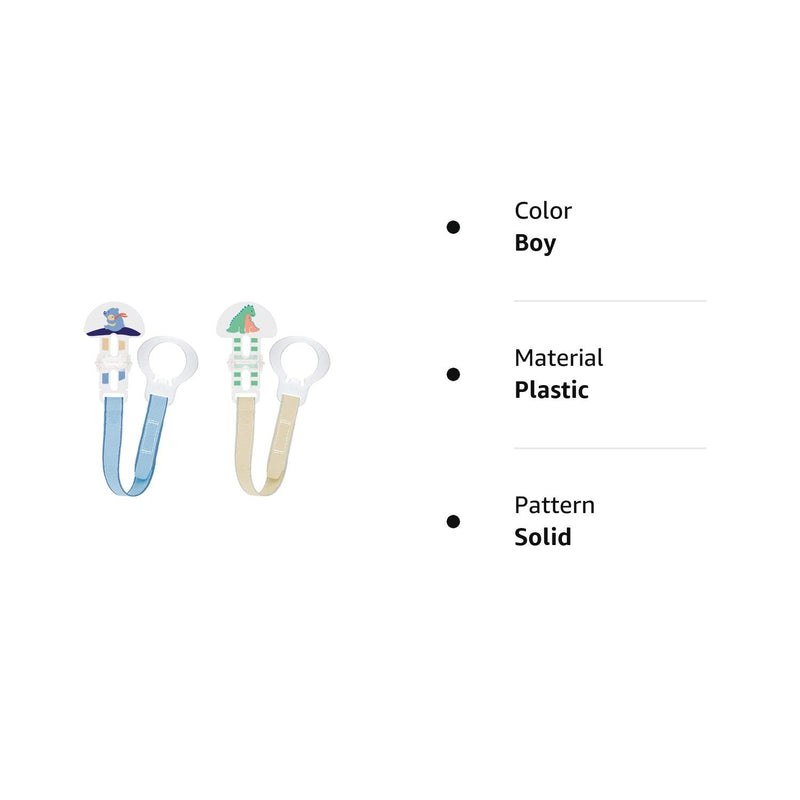 MAM 2 Clips for Pacifiers With Fasteners and Flexible Rings for Boys, Designs May Vary 2 Pack Boy