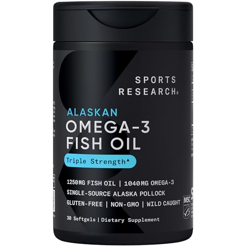 Sports Research® Triple Strength Omega 3 Fish Oil 1250mg from Wild Alaska Pollock - Burpless Fish Oil Supplement with Omega3s EPA & DHA and Vegan Biotin 10,000mcg + Coconut Oil Max Strength B7 Vitamin
