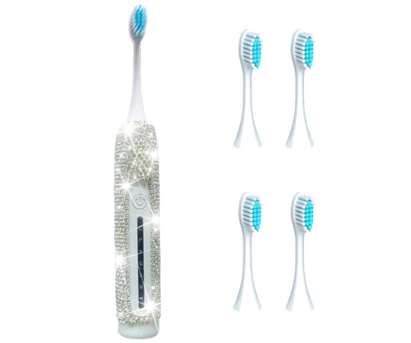 Electric Toothbrush for Woman Silver Bling Diamond Decor Portable Travel Essentials for Women White Toothbrush with 3 Replacement Heads 6 Modes