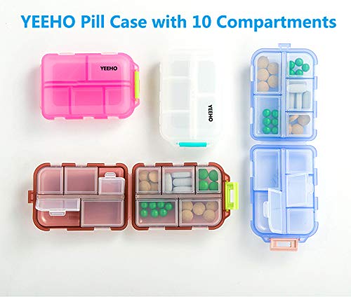 Pill Case - Portable Supplements Tablet Container Box with 10 Compartments - Medicine Capsule Vitamin Foldable Organizer Dispenser Holder Storage for Travel Trip Pocket Purse - Clear Black Translucent Black