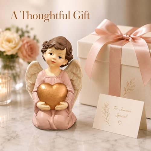Guardian Angel Figurine Holding Gold Heart 3.7"H