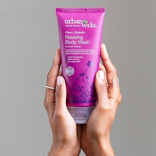 Urban Veda Skin Firming Body Wash with Vitamin C | Moisturizing Body Wash with Evening Primrose Oil | Mature Skin Bath & Shower Gel Wash | Exfoliating Body Wash Women & Men | 6.07 Fl Oz Rose & Jasmine