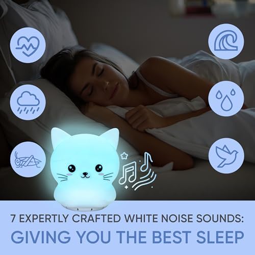 [Australia] - Mindfulness 'Breathing Kitty' | 4-7-8 Guided Visual Meditation Breathing Light | 3 in 1 Device with Night Light & Noise Machine for ADHD Anxiety Stress Relief Sleep - Gift for Kids Adult Women Men 