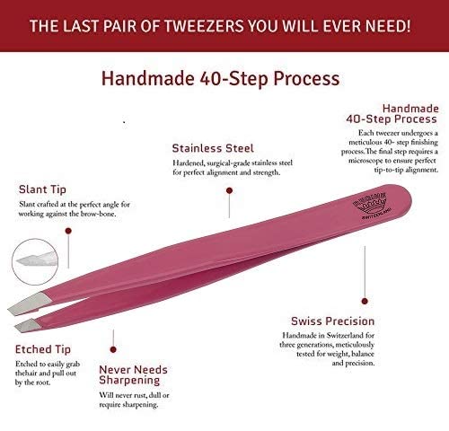 [Australia] - Slant Tweezer - Handmade in Switzerland - Professional Eyebrow & Facial Hair Remover - Etched Interior Grabs Hair from The Root - Perfectly Aligned Tips - Stainless Steel, Pink 