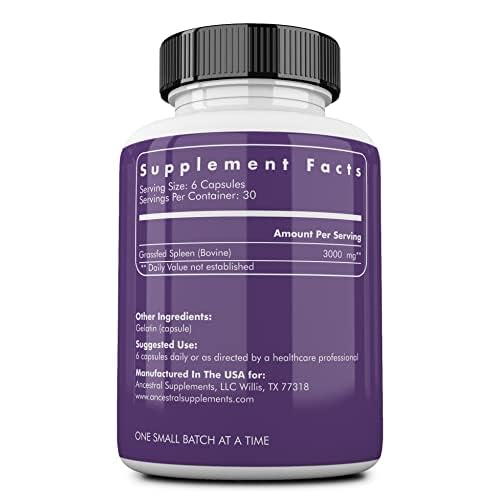 Ancestral Supplements Grass Fed Beef Spleen Capsules, 3000mg, 180 Ct | Spleen support formula promotes digestive, immune, iron, energy and allergy health, plus natural spleen detox. 180 Count (Pack of 1)