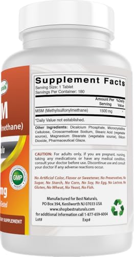 Best Naturals MSM 1500 mg 180 Tablets (Pack of 2) 180 Count (Pack of 2)