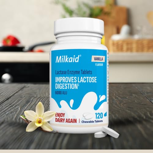 Milkaid Vanilla Lactase Enzyme Chewable Tablets for Lactose Intolerance Relief | Prevents Gas, Bloating & Diarrhoea | Fast Acting Dairy Digestive Supplement | Gluten Free & Vegan | 120 Tablets