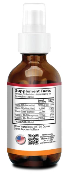 Vitamin D3 K2 10,000 IU Liquid Spray with Organic MCT Oil, Vitamin A (Retinol) 1250mcg, K2 (MK4,MK7) Promotes Heart, Bones, Immune System. 100% Vegan, Non-GMO, Gluten-Free, No Sugar Added (2oz)
