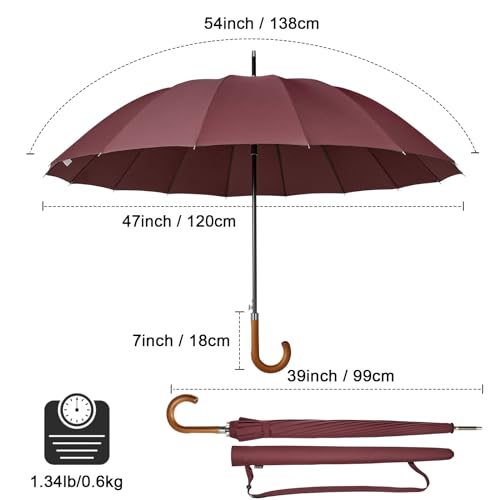 G4Free 54 Inch Large Windproof Umbrella Auto Open Classic Wooden J Handle 54 Inch Strong Windproof Large Umbrella Auto Open Wooden Handle
