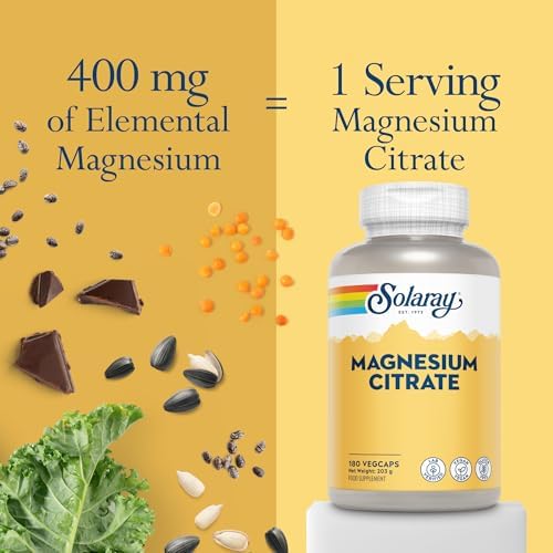 Solaray Magnesium Citrate 400mg Elemental Magnesium per Serving - 180 Vegan Capsules - High Strength Supplement - Energy, Muscle, Nervous System Support - Lab Verified