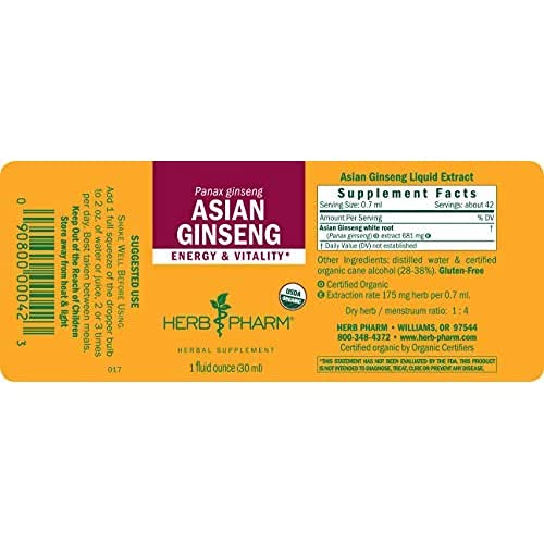 Herb Pharm Certified Organic Asian Ginseng Liquid Herbal Extract 30ml | Traditionally Used for Promoting Energy & Vitality, Supporting Focus & Cognitive Function | Adaptogenic Herbal Food Supplement