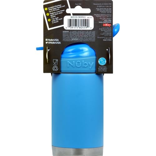 [Australia] - Nuby Thirsty Kids No Spill Flip-It Reflex Stainless Steel Travel Cup or Water Bottle - 10 Oz - 18+ Months - Blue 