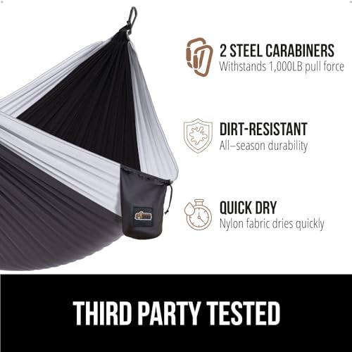 GORILLA GRIP Umbrella and Camping Hammock, Umbrella for Rain Easily Collapsible in Black, Camping Hammock Holds 400lbs in Size 9x4.5 FT Portable in Black Grey, 2 Item Bundle