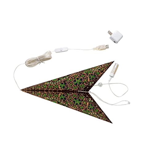 Artschatz Cathedral Paper Lantern Star Light - 7 Point Ø 24 inch - Brown/Green with red/Blue Tissue Inlay