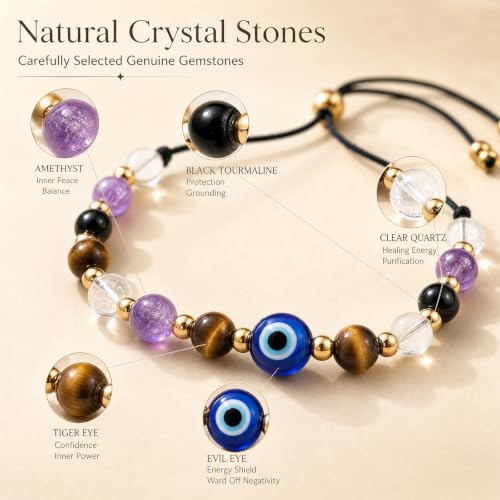 Evil Eye Bracelet for Women,Natural Healing Crystals Bracelets