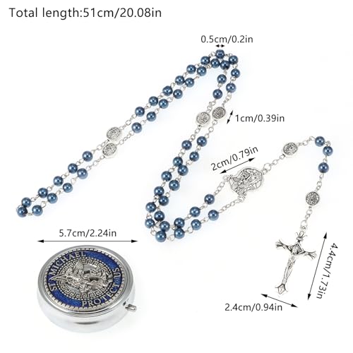 Saint Michael the Archangel Blue Pearl Beads Catholic Rosary Necklace