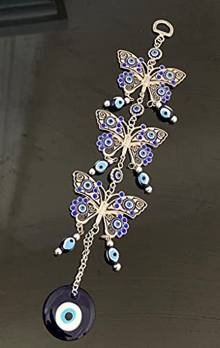 Turkish Blue Evil Eye with Butterflies Design Wall Hanging Amulet Home Office Ornament Gift (with a Betterdecor Pouch)