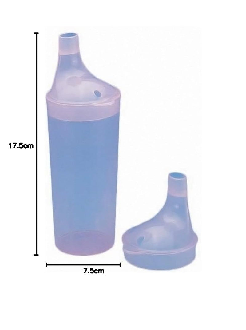 Drinking/Feeding Cup with 2 Spouts and Straw Holes. Small/Narrow Spout allows for drinking Liquids, Larger/Wider Spout for more Solid or Blended Food. Easy to hold and use. Reduces risk of Spillage. 250 milliliters