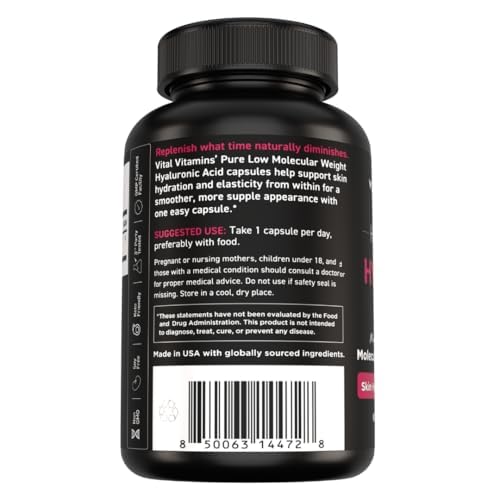 Vital Vitamins Hyaluronic Acid Supplements, 60 Capsules | 200mg Low Molecular Weight HA, Supports Skin Hydration, Elasticity & Joint Comfort, Vegan & Non-GMO 60 Count (Pack of 1) Hyaluronic Acid Pure
