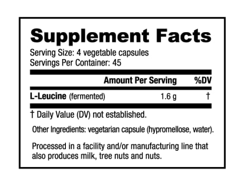 [Australia] - NutraBio 100% Pure L-Leucine - Muscle Recovery and Support - Naturally Fermented Free Form Amino Acid - Vegan, Non-GMO, Gluten Free - 400mg, 180 capsules 