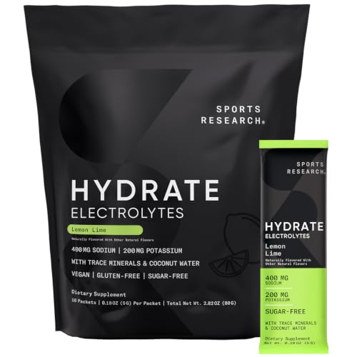 Sports Research Hydrate Electrolytes Dynamic Duo - Sugar-Free & Naturally Flavored with Vitamins, Minerals, and Coconut Water - 32 Hydration Packets of Lemon Lime & Raspberry Lemonade