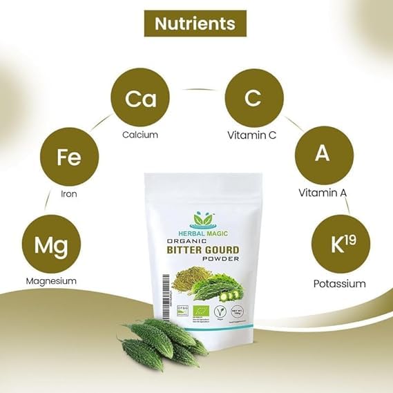Herbal Magic's Organic Bitter Gourd Powder-Great Green Vegetable-Also Known as Karela, Bitter Melon,Balsam-pear. Free from Fillers & Preservatives- of&G UK Organic Certified 1x200g Pack 200 g (Pack of 1)