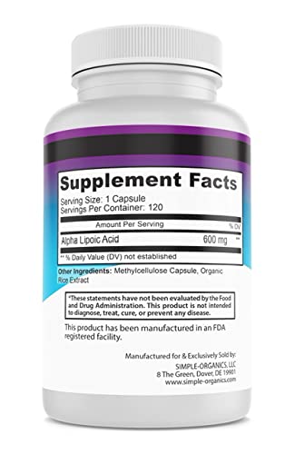 Alpha Lipoic Acid Supplement, Antioxidant and Energy Support, Non-GMO Pills for Overall Wellness, No Gluten and Soy, 600mg per Serving, 120 Vegan Capsules