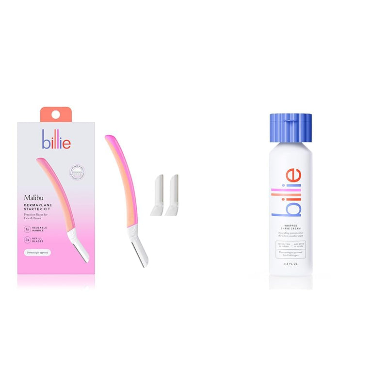 Billie Dermaplane Starter Kit - Reusable Handle + 3 Refill Blades - Remove Facial Hair, Shape Brows + Whipped Shave Cream - Lavender & Bergamot Scent