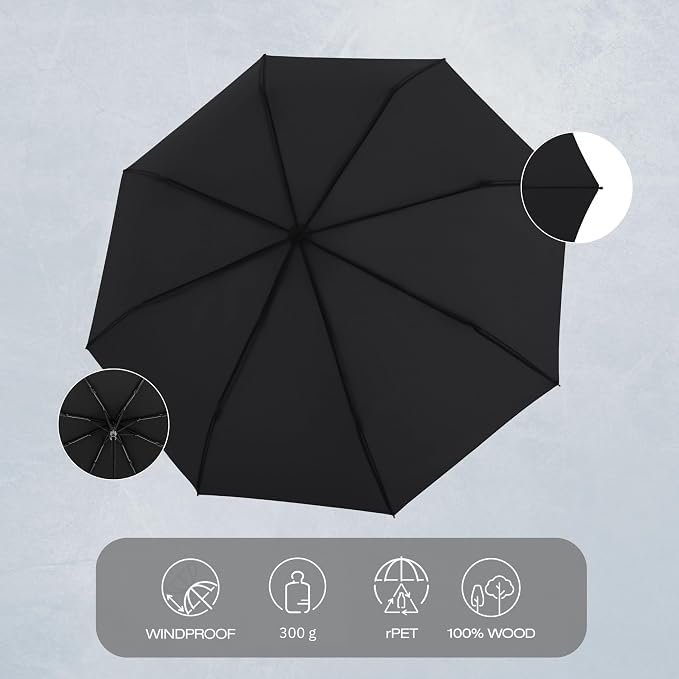 Knirps TIMBER Manual Umbrella - Compact Folding Rain Protection with German Beechwood Handle, Wind Tunnel Tested Frame, Portable Travel Design Navy