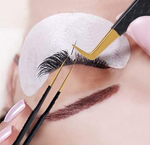 HADIZ Set of 4 Fiber Tip Diamond Grip Eyelash Extensions Tweezers Japanese Stainless Steel Lash Tweezer(Black) Black