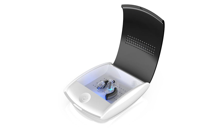 flow-med Dry-Sun UV 2.1 - Hearing Aid Drying Box - UV-C & Blue Light - Removes Moisture - Medical Product - Temperature Control - Automatic Shut-Off - USB-C - Storage Pouch – European Development