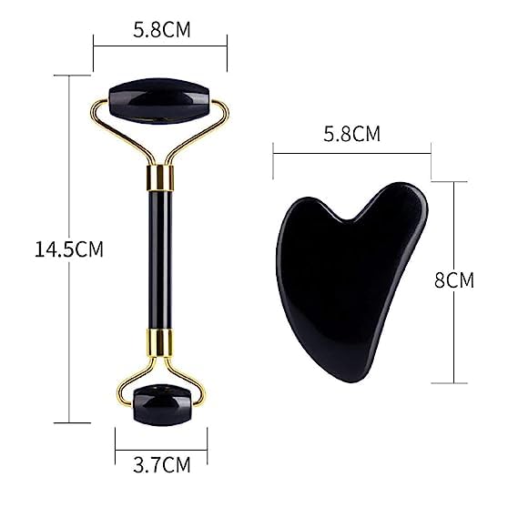 Black Obsidian Jade Facial Roller & Gua Sha Set 100% Natural Source from Highest Altitude of Himalayan Two-Sided Face Neck Massager Stone Beauty Tool Black Obsidian