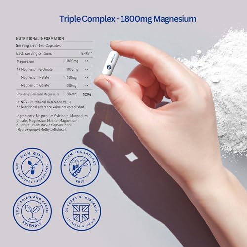 The Intelligent Health MagnEase Magnesium Glycinate 3-in-1 Complex - 1800mg High Bioavailability Magnesium Supplements - with Malate & Citrate for Muscle Function & Fatigue - 180 Capsules