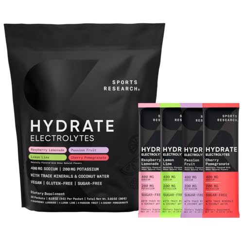 Sports Research Hydrate Electrolytes Combo Pack - Sugar-Free & Naturally Flavored with Vitamins, Minerals, and Coconut Water - Supports Hydration - 32 Packets - Passion Fruit Dominant Flavor