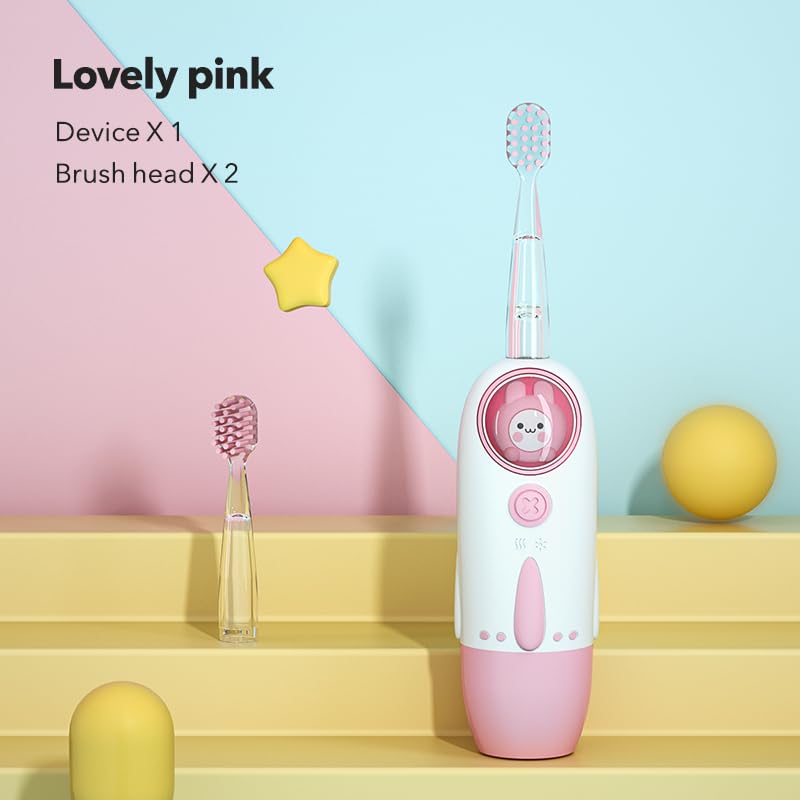 [Australia] - Kid's Electric Toothbrush with 7 Colored Lights & 2 Brush Heads - Fun Colorful Space Capsule with Cute Rabbit Astronaut. Enjoy Clean Teeth with Move-on Reminder (Lovely Pink) Lovely Pink 