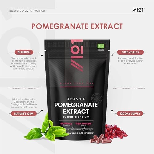 Alpha01 Organic Pomegranate Extract 20,000mg Vegan Capsules - High Strength 40:1 Punica Granatum Extract - 120 Capsules 4 Months Supply