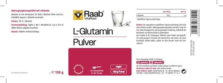 [Australia] - Raab Vitalfood® L-Glutamine powder (150 g) - without additives, highly pure from fermentation, with measuring spoon for perfect dosage, only 9 g glutamine powder per day, vegan 