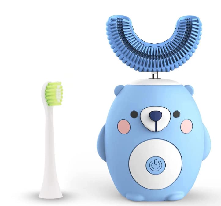 GASLIKE Kids Toothbrush Electric, U Shaped Ultrasonic Automatic Toothbrush with 2 Brush Heads, Six Cleaning Modes, Cartoon Modeling Design for Kids, Special for Birthday Gift (Blue, 2-7Age) Blue