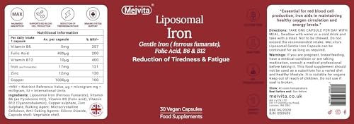 Gentle Liposomal Iron for Women - 17mg - Iron Supplement with Zinc, Folic Acid, B6, B12 & Copper, Fatigue Supplements with High Bioavailability - Vegan Guten Free(30 Capsules, 1 Month Supply)