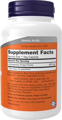 NOW Foods Supplements, L-Glutamine 500 mg, Nitrogen Transporter*, Amino Acid, 120 Veg Capsules, (Pack of 2) Unflavored 120 Count (Pack of 2)