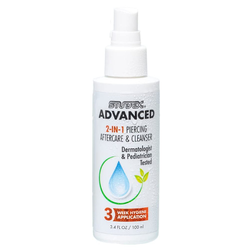 Studex Advanced 2-in-1 Piercing Aftercare & Cleanser – Hypochlorous Spray for Body and Ear Piercing, Hypoallergenic Formula for Sensitive Skin (3.4oz) 3.4 Fl Oz (Pack of 1)