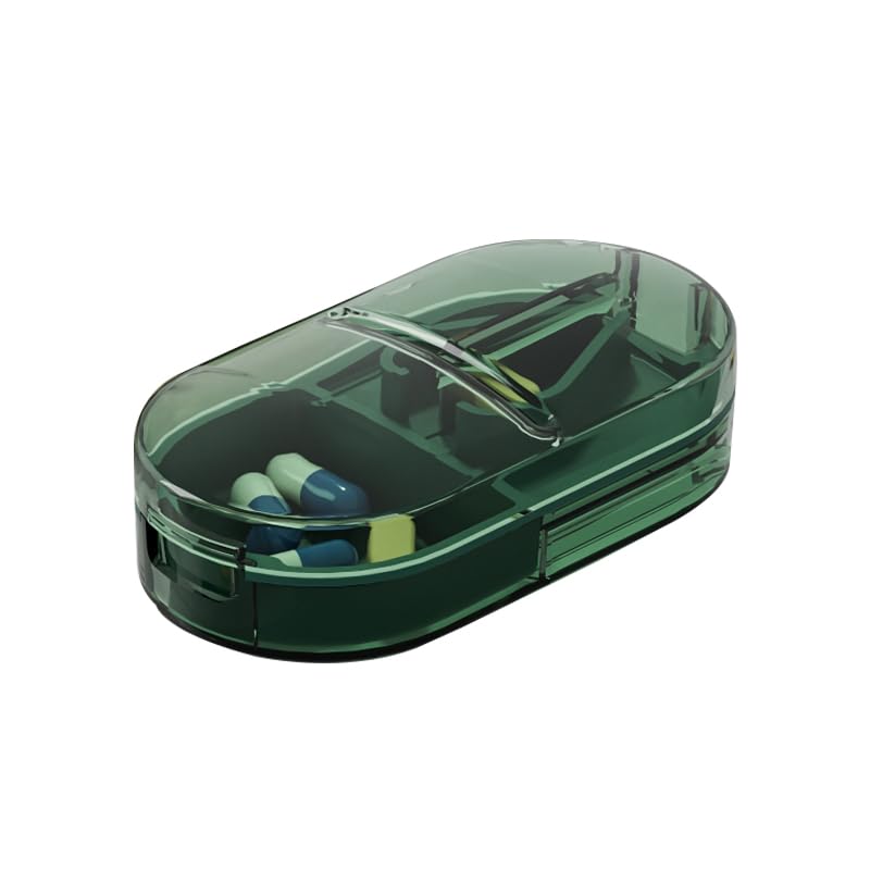 Travel Pill Organizer Cutter Box, 2 Compartments Tablet Splitter | Daily Pill Case, Small Vitamin Planner Sorter for Pocket Purse, Mini Medicine Supplement Fish Oil Capsule, Transparent Green Grey